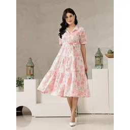 OTABU Floral Printed Gathered or Pleated Fit & Flare Midi Dress-picture-10