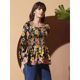 OTABU Women Floral Print Puff Sleeves Smocked Peplum op-picture-32