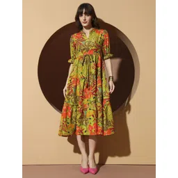 OTABU Women Floral Printed Bell Sleeve Applique Fit-Flare Midi Dress-picture-38