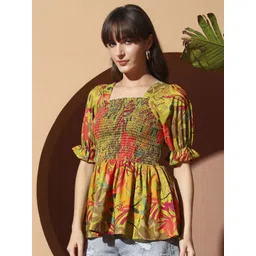 OTABU Women Floral Printed Bell Sleeve Smocked Peplum Top-picture-27