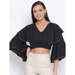 OTIRA Women Solid Black V-Neck Flared Sleeve Crop Top-picture-39