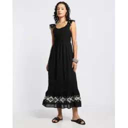 Embroidered Scoop-Neck A-Line Dress-image-1