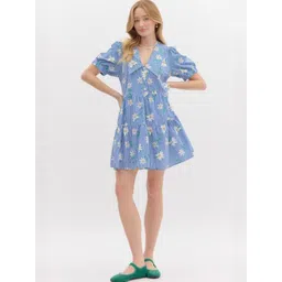 Outzidr Floral Print Shirt Collar Puff Sleeves Fit & Flare Mini Dress-picture-27