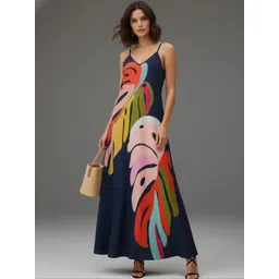 outzidr Navy Blue Abstract Print Maxi Dress-picture-40