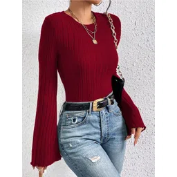 Outzidr Women Ribbed Bell Sleeved Knit Top-picture-13