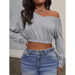 Outzidr Women Solid V Neck Crop Sweatshirt-picture-22