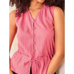 Outzidr Women Vertical Stripes Striped Waist Tie-Ups V-Neck Top image 3