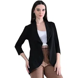 owl mink Cotton Blend Women's Single Breasted Relaxed Fit Shawl Collar 3/4 Sleeve Blazer (in, Alpha, M, Regular, Black)-picture-11