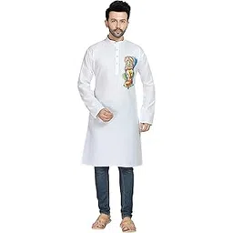 owlsky, sassy & stylo Men's Cotton Blend Digital Print White Kurta with Ganesha Print | Mandarin Collar, Long Sleeves | Traditional Indian Wear | Ganpati Pooja Festival-picture-25