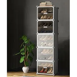 Owme Plastic Shoes Rack for Home, 2-Door 4-Shelf Portable Shoes Rack with Dustproof Door for Heels/Slippers/Boots, DIY Multi-Purpose Shoe Organizer, BLACK (GREY, 5-DOOR 10-SHELF)-picture-16