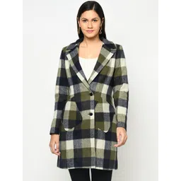 Owncraft Women Olive Green & Navy Blue Checked Woolen Overcoat-picture-14