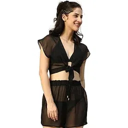 oxolloxo Artful Solid Black Short Sleeve Tie-Up Knot Detail Women Beachwear Crop Top-picture-31