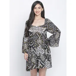 Oxolloxo Black & Off White Animal Crepe A-Line Dress-picture-17