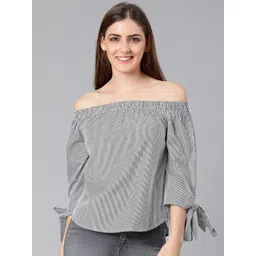 Oxolloxo Black & White Striped Off-Shoulder Pure Cotton Bardot Top-picture-11