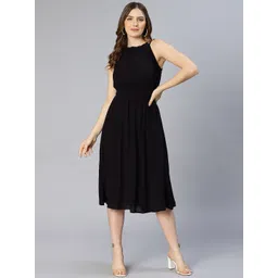 Oxolloxo Black Satin A-Line Midi Dress-picture-18