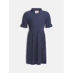 Oxolloxo Girls Navy Blue & Off-White Printed Fit and Flare Dress-picture-23