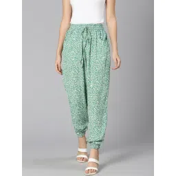 Oxolloxo Green Viscose Floral Print Mid Rise Joggers-picture-38