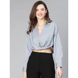 Oxolloxo Grey & White Cotton Striped Crop Shirt-picture-13