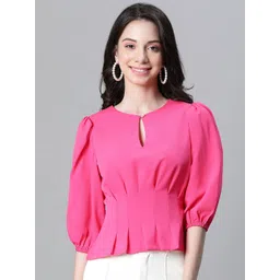 Oxolloxo Keyhole Neck Puff Sleeves Gathered Peplum Top-picture-24