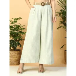 Oxolloxo Light Green Regular Fit Striped Flared Pants-picture-22