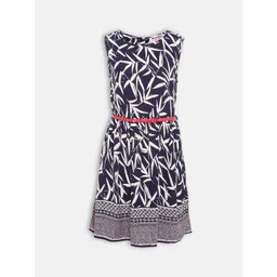 Oxolloxo Navy Blue & Off White Tropical Satin A-Line Dress-picture-19