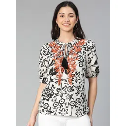 Oxolloxo Off White Animal Print Tie-Up Neck Top-picture-15