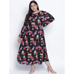 Oxolloxo Plus Size Black & Pink Floral Crepe Maxi Dress-picture-40