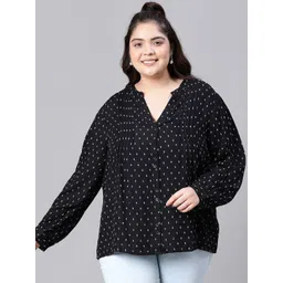 Oxolloxo Plus Size Geometric Printed Mandarin Collar Long Sleeve Pleated A-Line Top-picture-26
