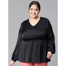 Oxolloxo Plus Size V-Neck Puff Sleeves Satin Peplum Top-picture-25