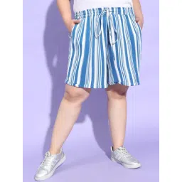 Oxolloxo Plus Size White & Blue Striped Mid Rise Shorts-picture-37