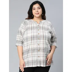 Oxolloxo Plus Size Women Off White & Grey Checked Mandarin Collar Shirt Style Top-picture-22