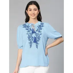 Oxolloxo Sky Blue Viscose Embroidered Top-picture-48