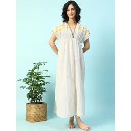 Oxolloxo Striped Cotton Elasticated V-Neck Short Sleeve Beachwear Dress With Slit Cut-image-14