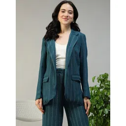 Oxolloxo Striped Notched Lapel Long Sleeves Open Front Blazers-image-16