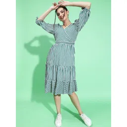 Oxolloxo Striped Puff Sleeve Fit & Flare Midi Dress-image-17