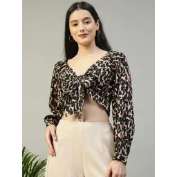 Oxolloxo Women Animal Print V-Neck Tie-knotted Dobby Meld Crop Top-picture-38