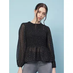 Oxolloxo Women Black Geometric Print Smocked Peplum Top-picture-13