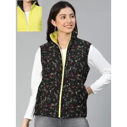 Oxolloxo Women Black Yellow Floral Reversible Padded Jacket-picture-34