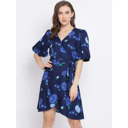 Oxolloxo Women Blue Floral Printed Wrap Dress-picture-26