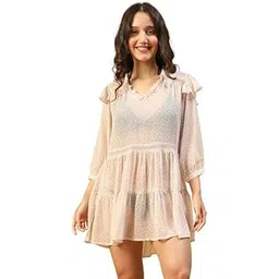 oxolloxo Women Blue Printed V-Neck with Frill Long Sleeve Beachwear Chiffon Dress with Lace & Ruffle Detailing-picture-16