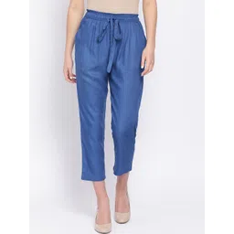 Oxolloxo Women Blue Regular Fit Solid Peg Trousers-picture-13