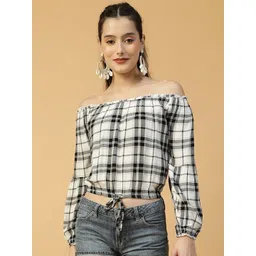 Oxolloxo Women Checked Off-Shoulder Bardot Top-picture-35