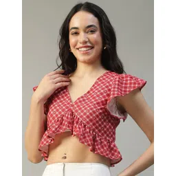 Oxolloxo Women Checked V-Neck Ruffles Short Sleeves Crop Top-picture-11