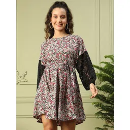 Oxolloxo Women Floral Printed Puff Sleeves Tie-Ups Lace Detailed Dress-picture-19