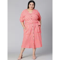 Oxolloxo Women Plus Size Red Striped A-Line Cotton Midi Dress-picture-15