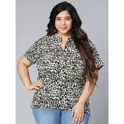 Oxolloxo Women plus size White & Black Animal Print Mandarin Collar Extended Sleeves Top-picture-42