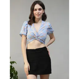 Oxolloxo Women Printed Puff Sleeve Twisted Cotton Crop Top-picture-34
