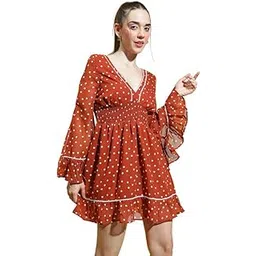 oxolloxo Women Printed V-Neck Smocked Lace Detailed Long Sleeve Dress-picture-30