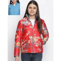 Oxolloxo Women Red & Blue Floral Reversible Padded Jacket-picture-21