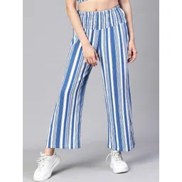 Oxolloxo Women Striped High-Rise Smocked Relaxed Loose Fit Easy Wash Parallel Trousers-image-27